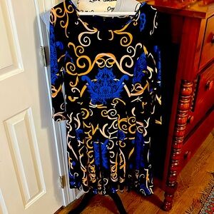 SALE Tibi Navy Gold Arabesque Print Pleated 3/4 Sleeve Jersey Fit Flare Dress 10